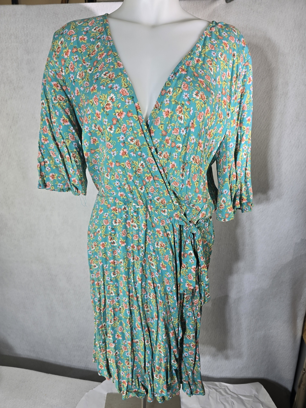 Turquoise Floral Wrap Dress - Women's Casual Day Dress By AS U WISH.Size L